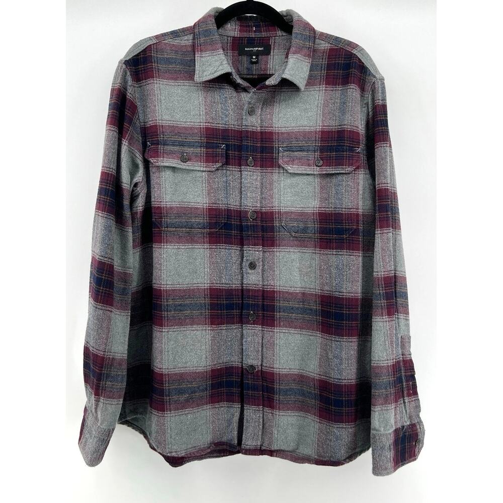 Banana Republic | Heavyweight Flannel Shirt Gray Burgundy Navy Plaid Men's M